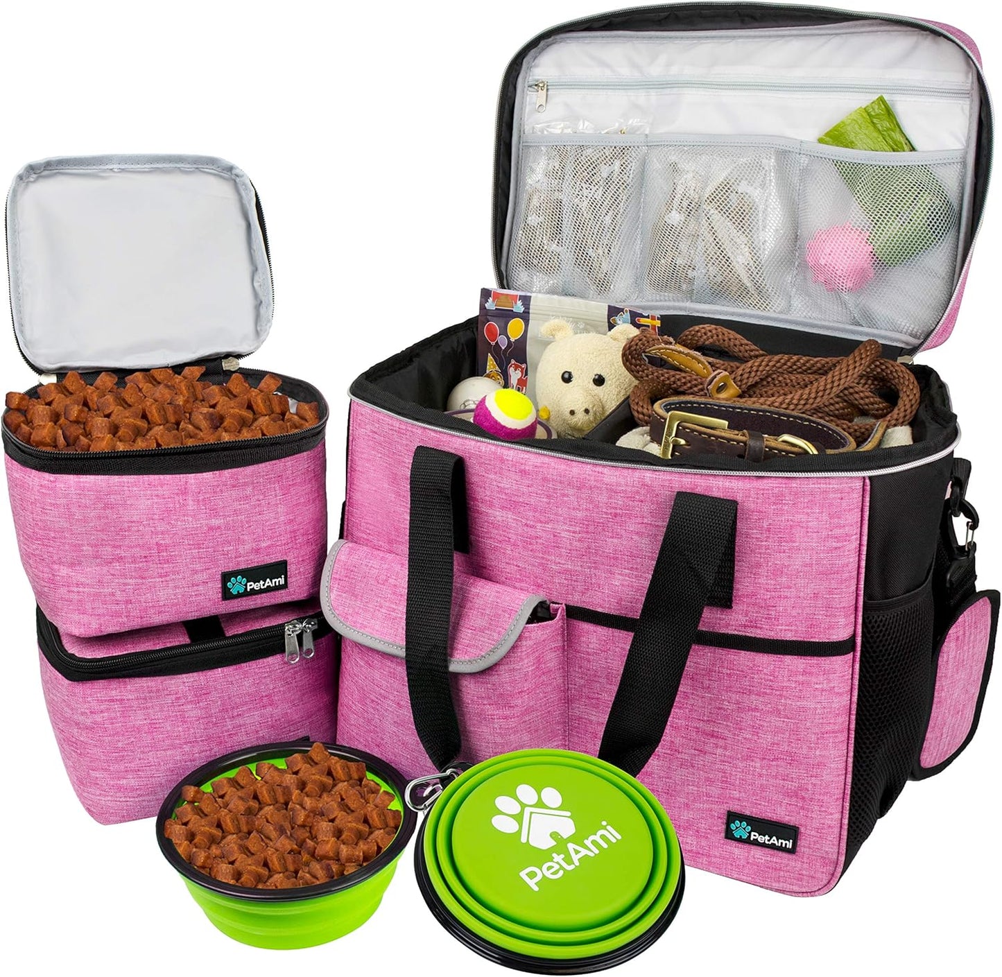 Dog Travel Bag, Travel Pet Bag Organizer, Dog Food Travel Bag with Food Container and Bowls, Dog Travel Supplies Gift Accessories for Weekend Camping, Dog Cat Diaper Bag (Pink, Medium)
