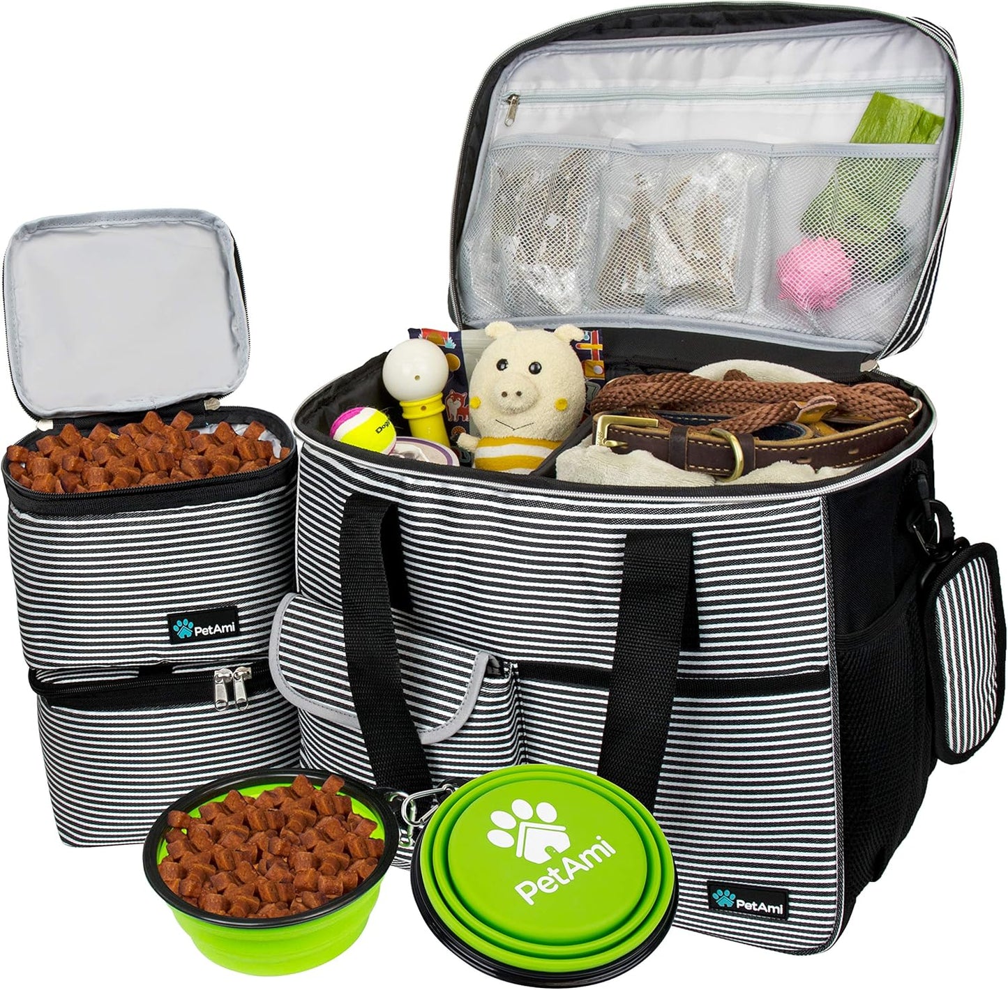 Dog Travel Bag, Travel Pet Bag Organizer, Dog Food Travel Bag with Food Container and Bowls, Dog Travel Supplies Gift Accessories for Weekend Camping, Dog Cat Diaper Bag (Pink, Medium)
