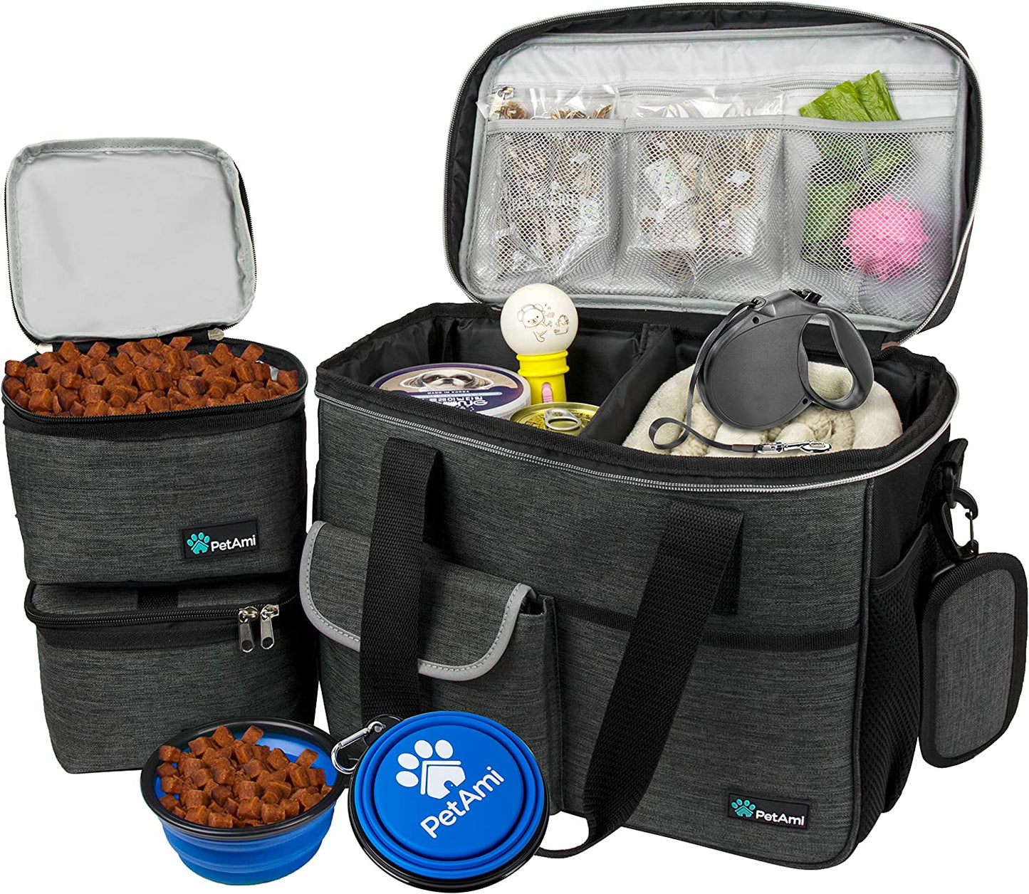Dog Travel Bag, Travel Pet Bag Organizer, Dog Food Travel Bag with Food Container and Bowls, Dog Travel Supplies Gift Accessories for Weekend Camping, Dog Cat Diaper Bag (Pink, Medium)
