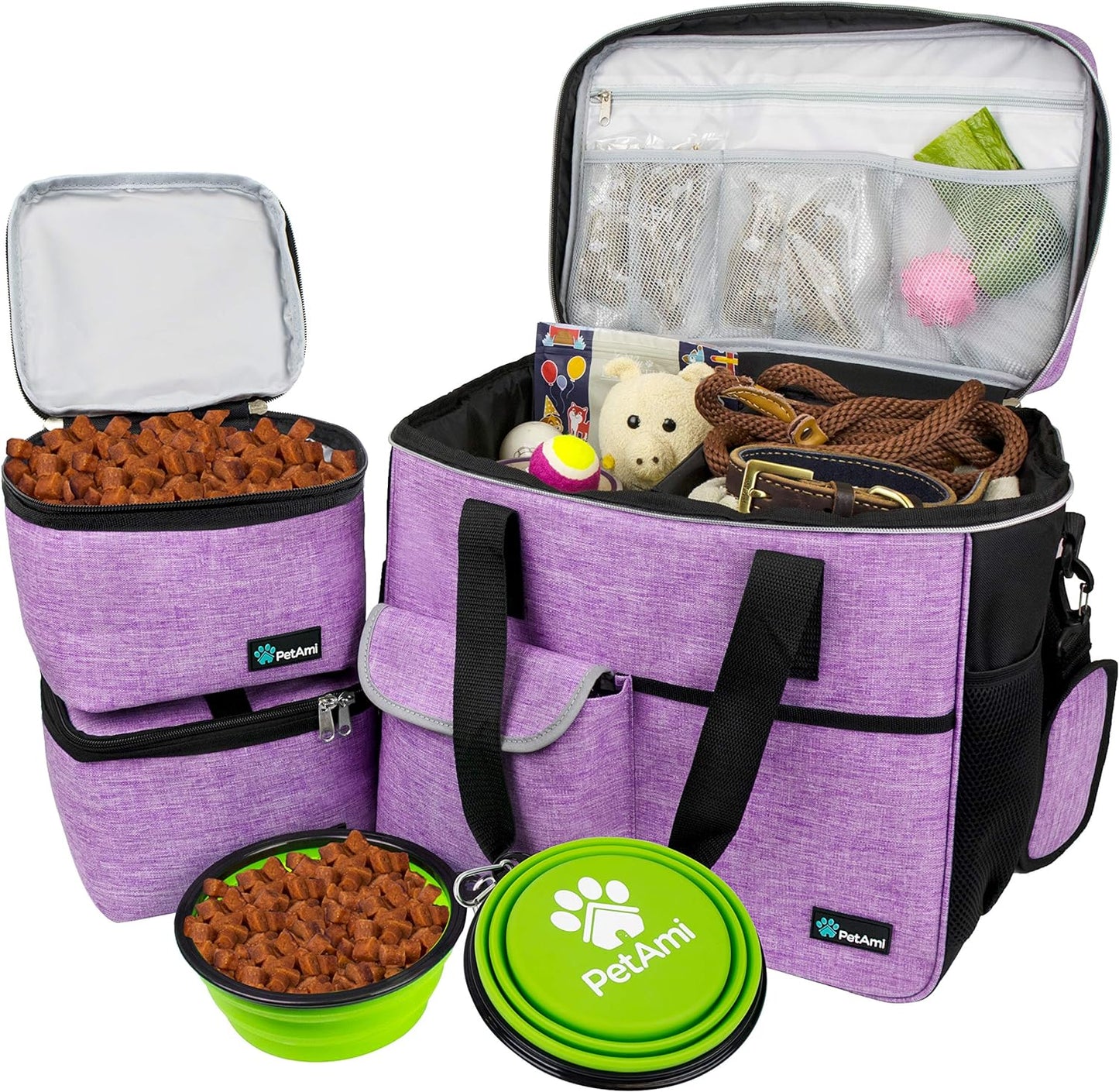 Dog Travel Bag, Travel Pet Bag Organizer, Dog Food Travel Bag with Food Container and Bowls, Dog Travel Supplies Gift Accessories for Weekend Camping, Dog Cat Diaper Bag (Pink, Medium)