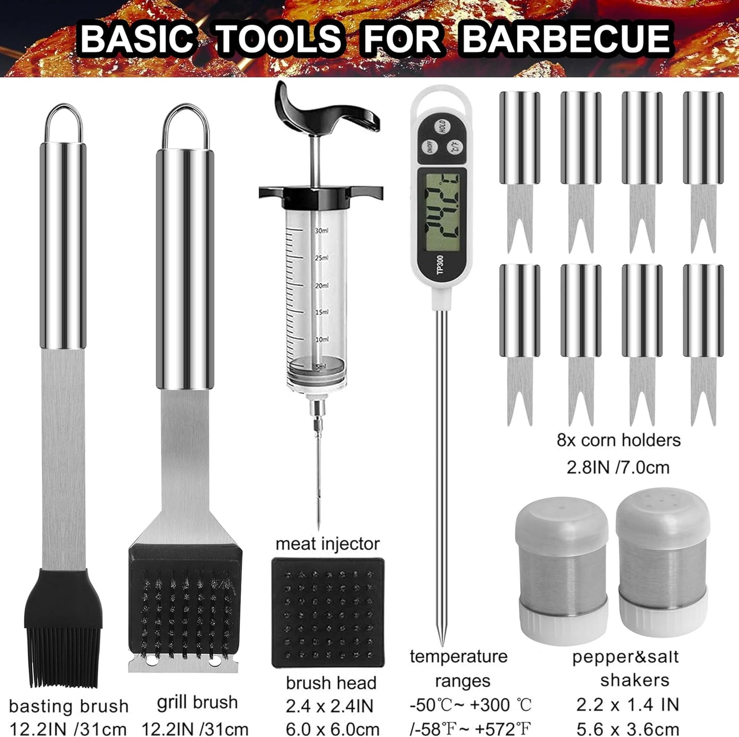 24PCS BBQ Grill Tools Set with Meat Thermometer and Injector - Extra Thick Stainless Steel Fork, Spatula& Tongs - Complete BBQ Accessories in Aluminum Case - Perfect Grill Gifts for Men