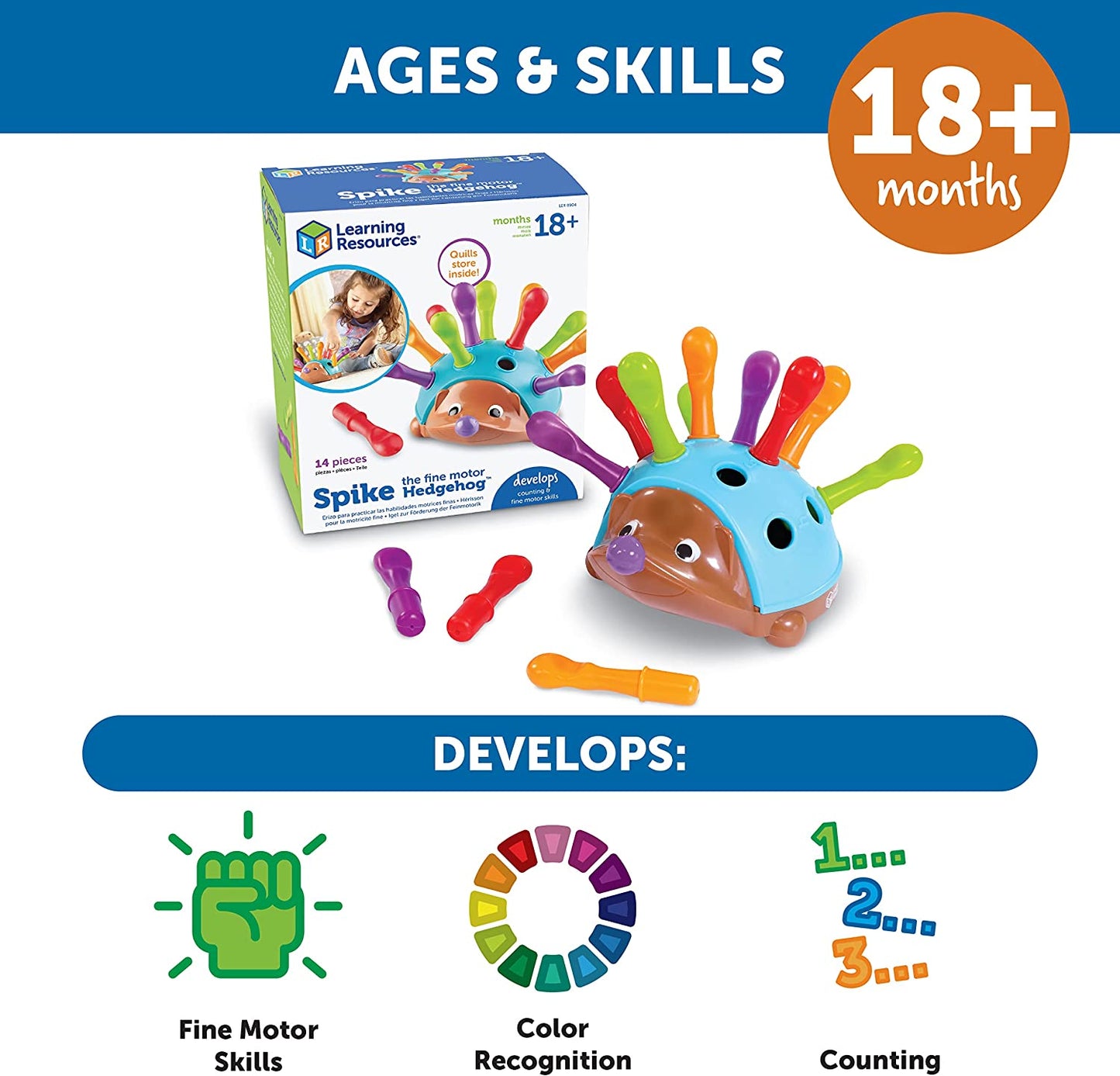 Spike the Fine Motor Hedgehog, Toddler Learning Toys, Fine Motor and Sensory Toys, Kids Easter Basket Stuffers, Ages 18+ Months,14 Pieces