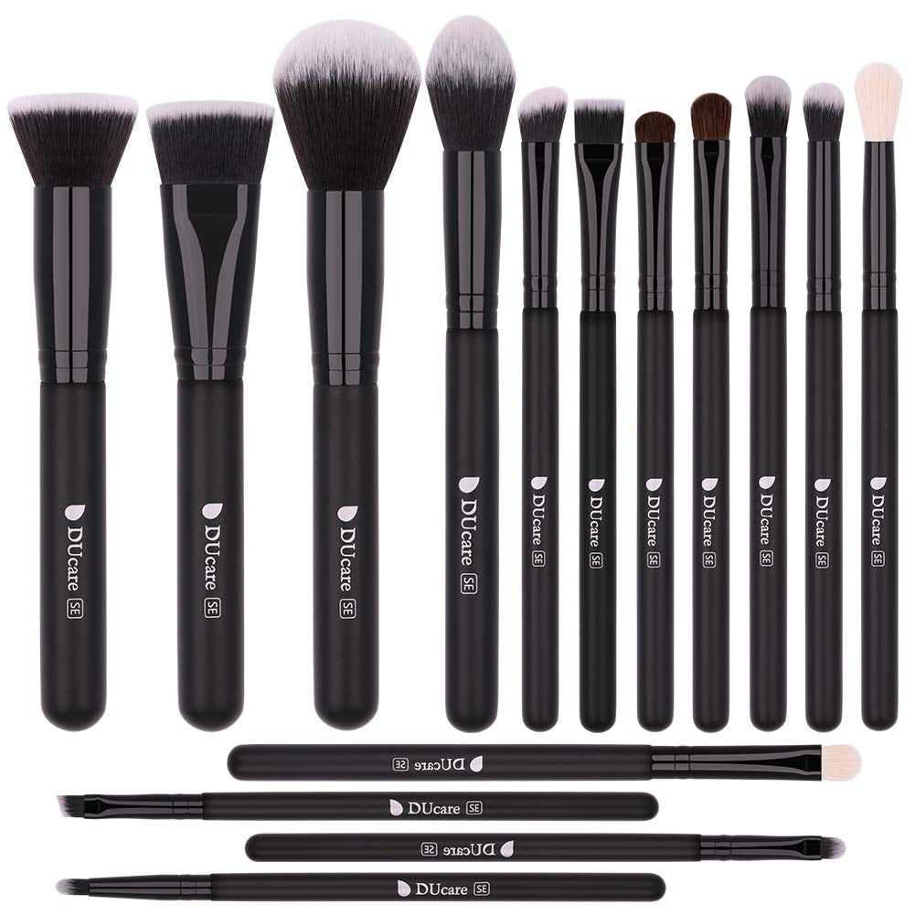 Makeup Brushes with Bag,15Pcs Makeup Brush Set Christmas Gift Travel Kabuki Foundation Blending Blush Eyeliner Shadow Brow Concealer Brushes Kit Black