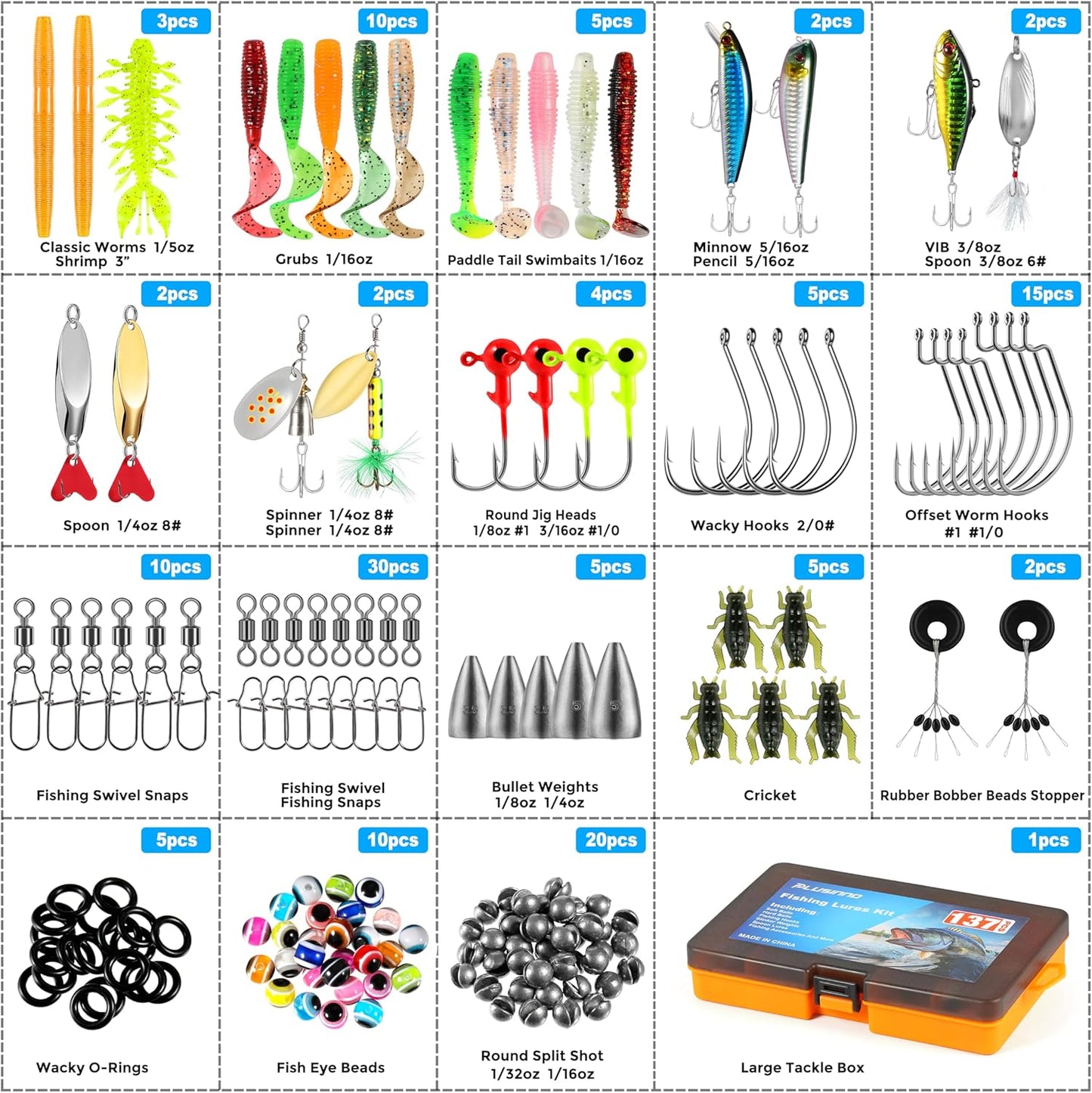 Fishing Lures, 137Pcs Tackle Box with Tackle Included, Crankbaits, Spoon, Hooks, Weights & Other Accessories, Fishing Bait Lure Gear Kit Gift for Men Bass Freshwater