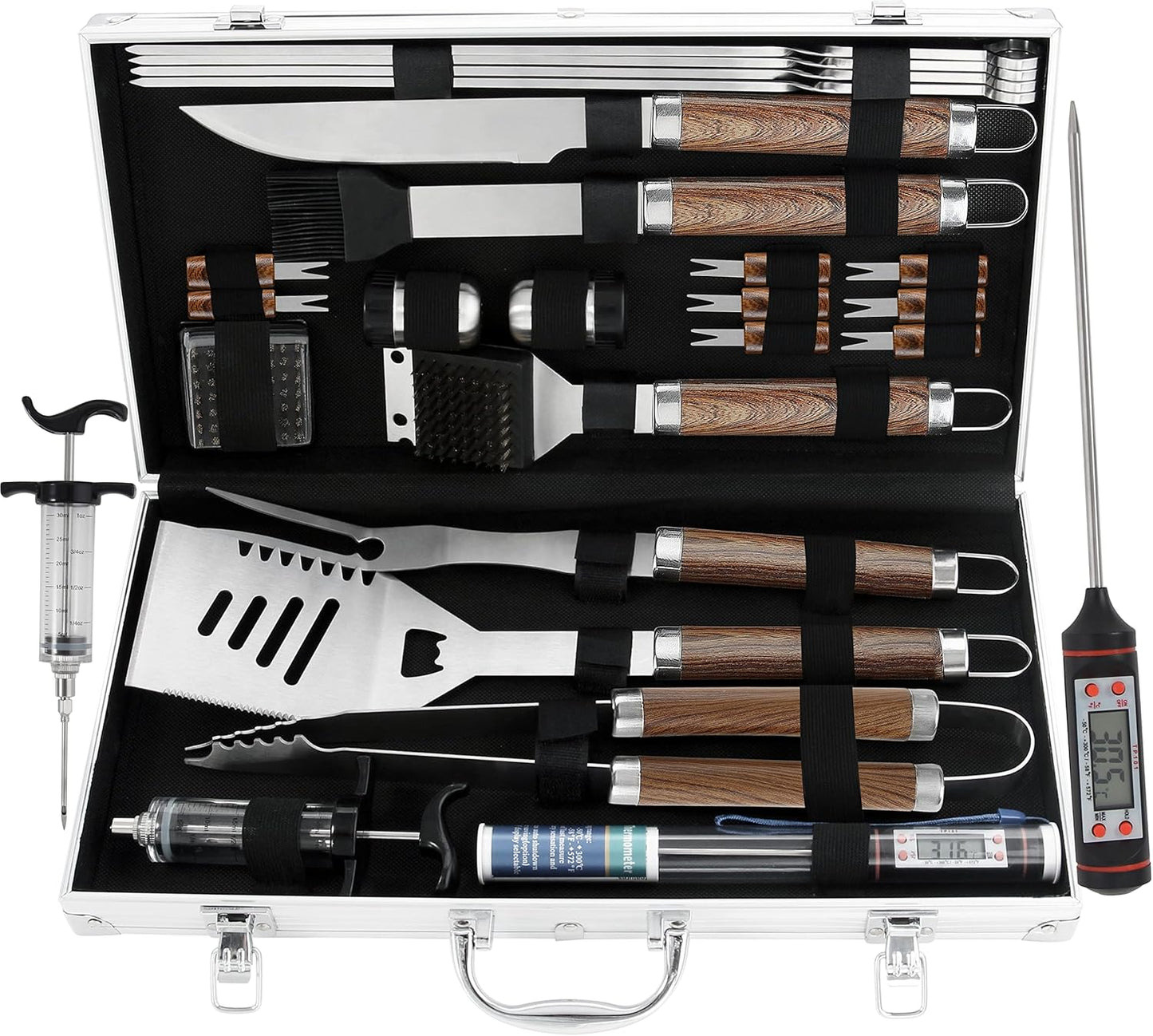 24PCS BBQ Grill Tools Set with Meat Thermometer and Injector - Extra Thick Stainless Steel Fork, Spatula& Tongs - Complete BBQ Accessories in Aluminum Case - Perfect Grill Gifts for Men