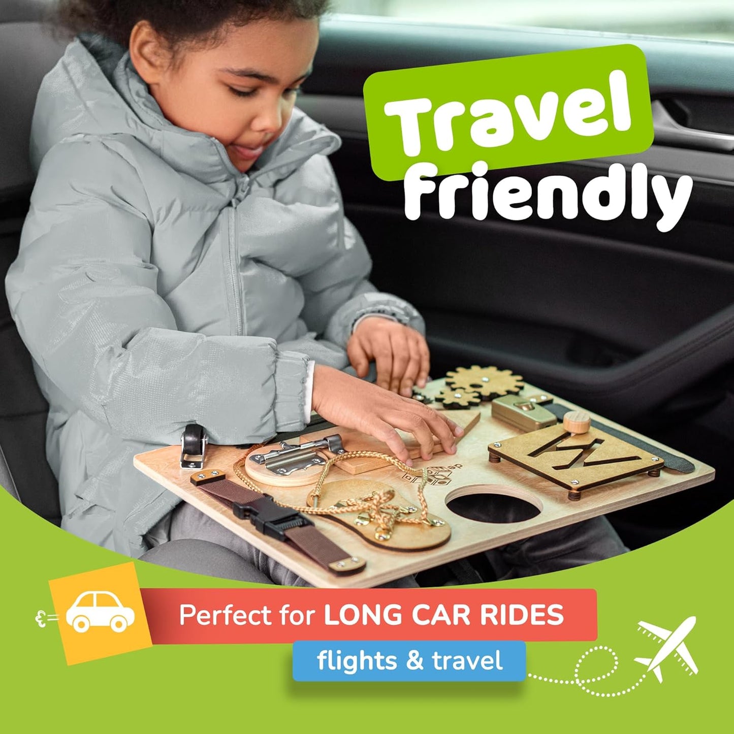 Busy Board Montessori Toys for Toddlers, Premium Sensory Wooden Toy with 10 Learning Activities for Fine Motor Skills, Airplane Travel Toy for Toddlers, Gift for Boys & Girls