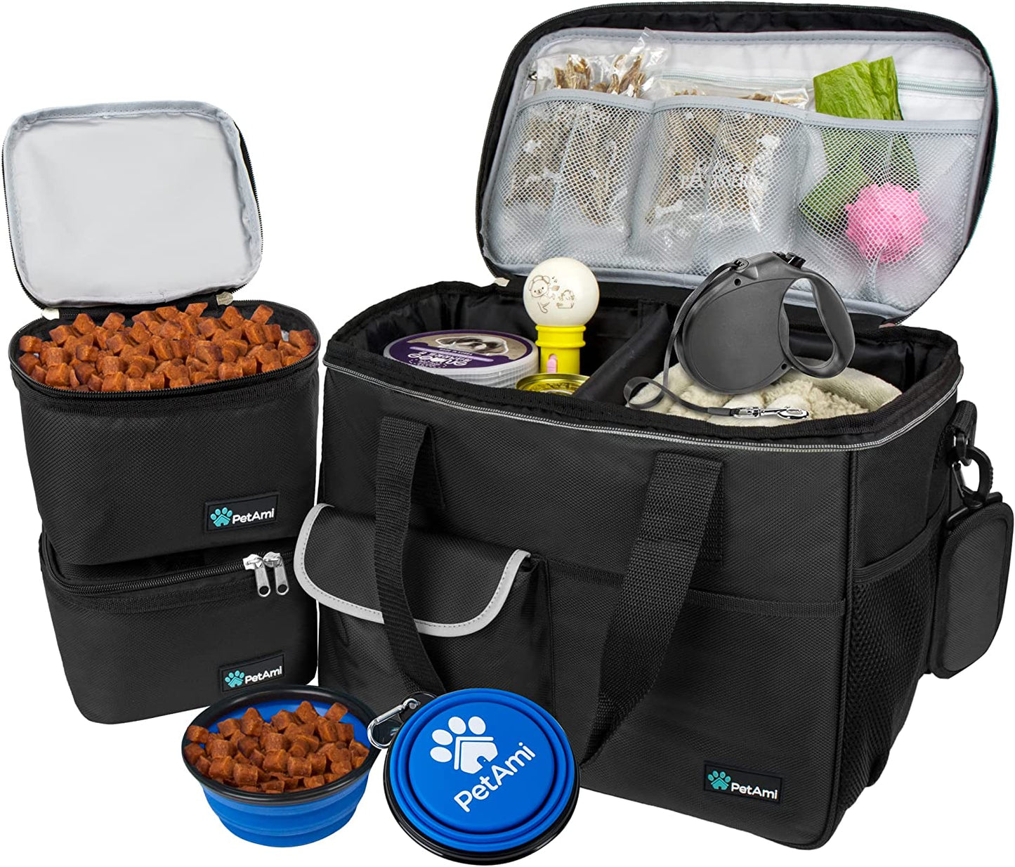 Dog Travel Bag, Travel Pet Bag Organizer, Dog Food Travel Bag with Food Container and Bowls, Dog Travel Supplies Gift Accessories for Weekend Camping, Dog Cat Diaper Bag (Pink, Medium)