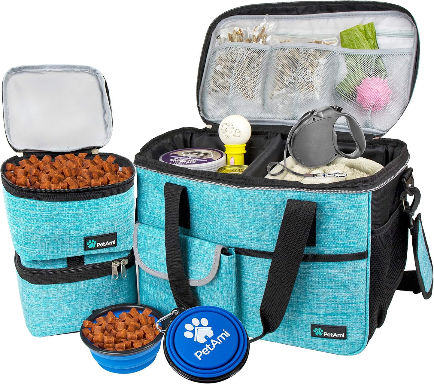 Dog Travel Bag, Travel Pet Bag Organizer, Dog Food Travel Bag with Food Container and Bowls, Dog Travel Supplies Gift Accessories for Weekend Camping, Dog Cat Diaper Bag (Pink, Medium)