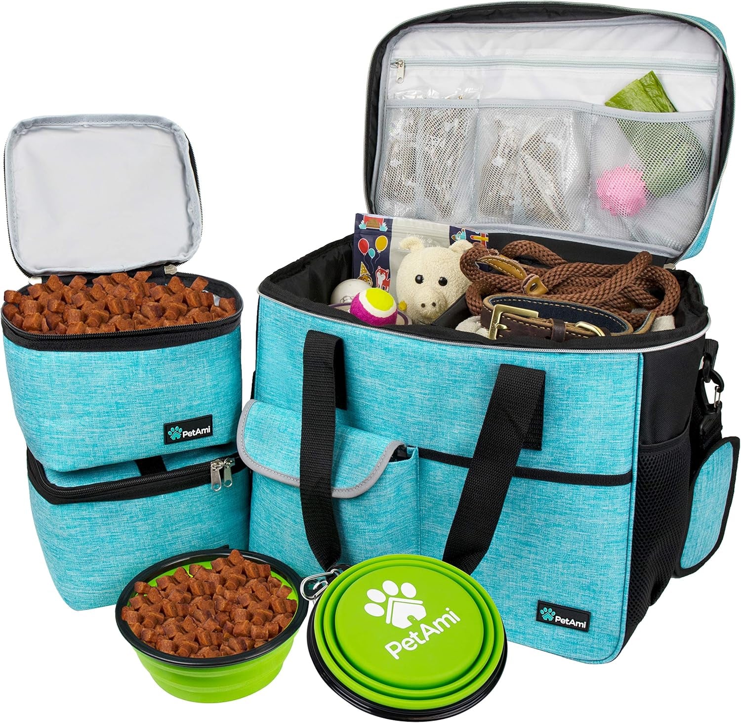 Dog Travel Bag, Travel Pet Bag Organizer, Dog Food Travel Bag with Food Container and Bowls, Dog Travel Supplies Gift Accessories for Weekend Camping, Dog Cat Diaper Bag (Pink, Medium)