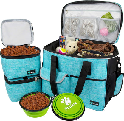 Dog Travel Bag, Travel Pet Bag Organizer, Dog Food Travel Bag with Food Container and Bowls, Dog Travel Supplies Gift Accessories for Weekend Camping, Dog Cat Diaper Bag (Pink, Medium)