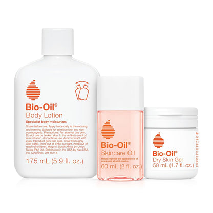 Skincare Set for Scars, Stretch Marks, and Dry Skin, 3 Pc Travel Size Kit Includes Skin Care Oil (2 Oz), Dry Skin Gel (1.7 Oz), and Body Lotion (5.7 Oz), Pregnancy and Maternity Stretch Marks