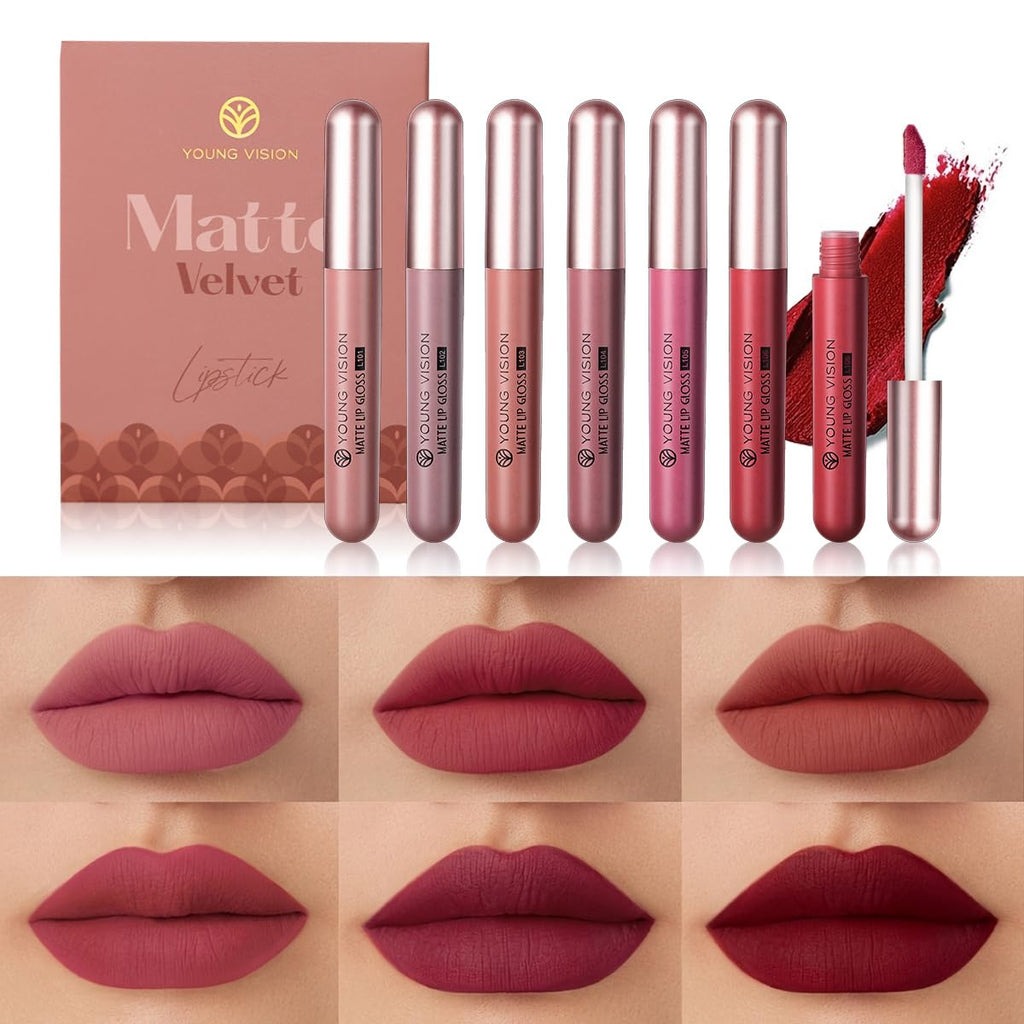 6-Pc Matte Nude Liquid Lipstick Set - Long-Lasting & Pigmented Shades, Lip Gloss Bundle Gift Collection for Girls/Women