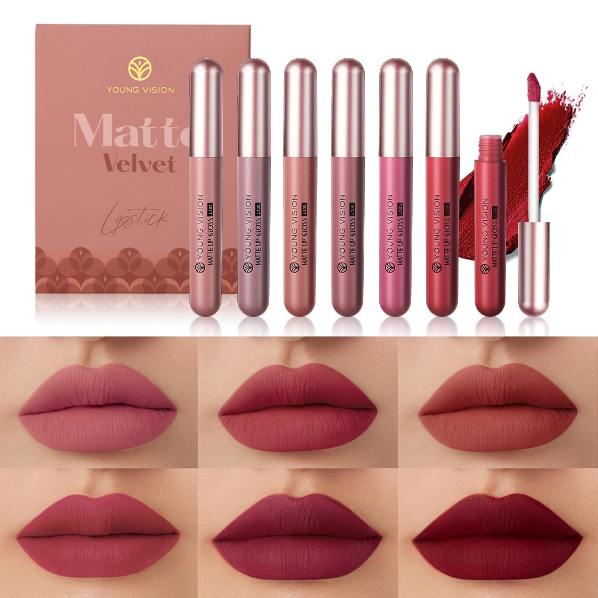 6-Pc Matte Nude Liquid Lipstick Set - Long-Lasting & Pigmented Shades, Lip Gloss Bundle Gift Collection for Girls/Women
