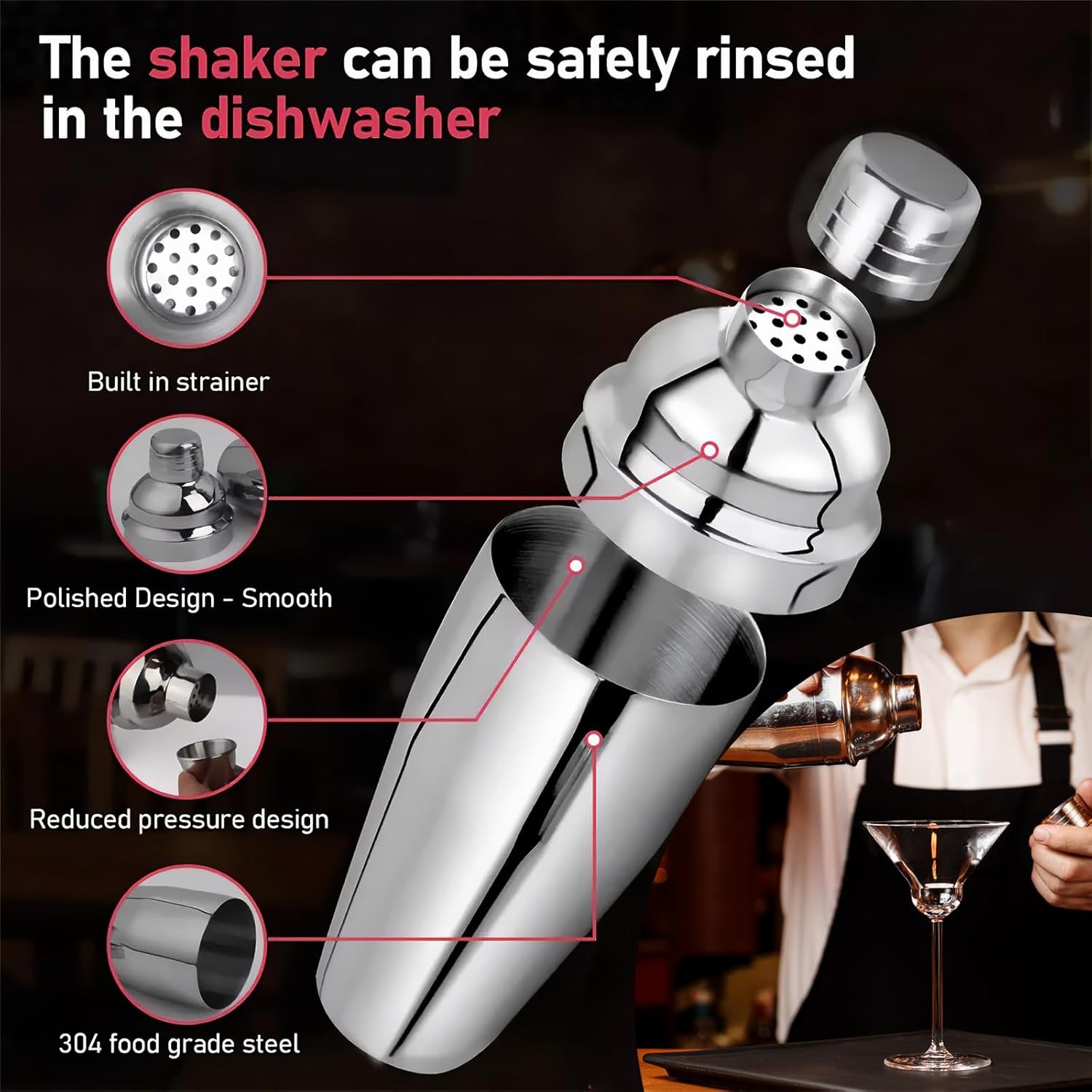 Cocktail Shaker Set,19-Piece Bartender Kit with Stand,Bar Tool Set:Martini Shaker,Jigger,Ice Strainer,Corkscrew,Mixer Spoon,Muddler, Liquor Pourers,For Drink Mixing,Bar,Home,Party (Silver)