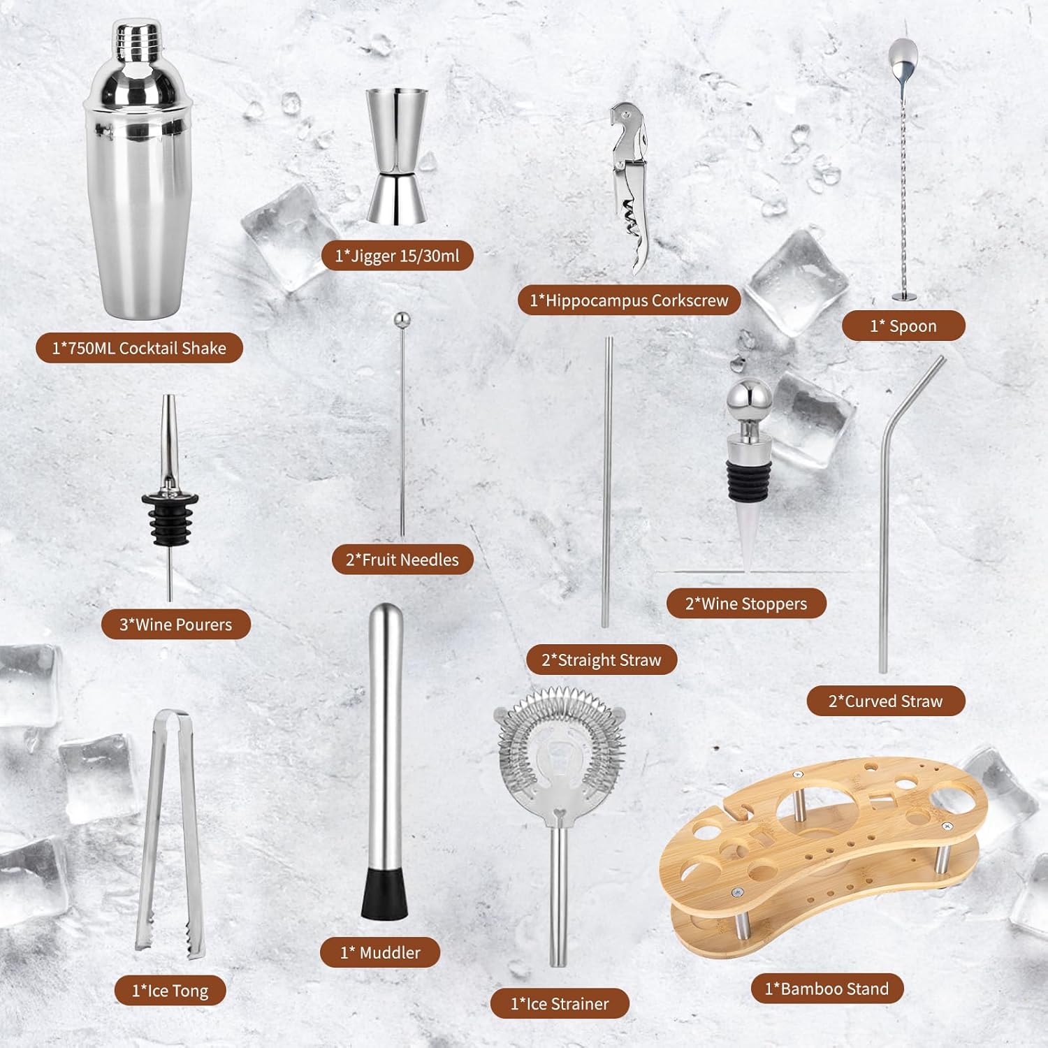 Cocktail Shaker Set,19-Piece Bartender Kit with Stand,Bar Tool Set:Martini Shaker,Jigger,Ice Strainer,Corkscrew,Mixer Spoon,Muddler, Liquor Pourers,For Drink Mixing,Bar,Home,Party (Silver)