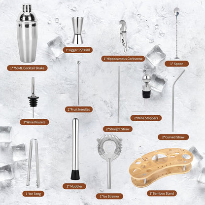 Cocktail Shaker Set,19-Piece Bartender Kit with Stand,Bar Tool Set:Martini Shaker,Jigger,Ice Strainer,Corkscrew,Mixer Spoon,Muddler, Liquor Pourers,For Drink Mixing,Bar,Home,Party (Silver)