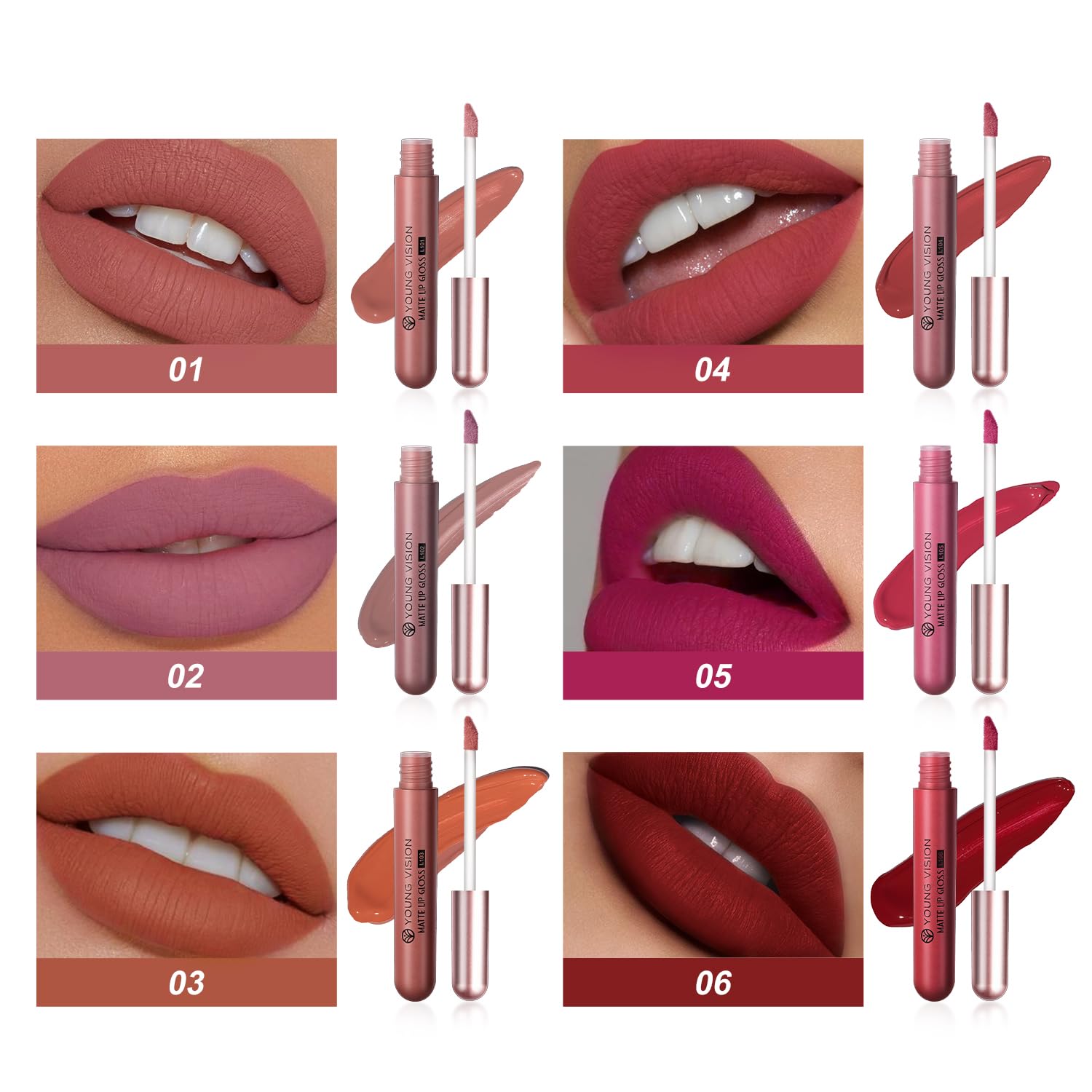 6-Pc Matte Nude Liquid Lipstick Set - Long-Lasting & Pigmented Shades, Lip Gloss Bundle Gift Collection for Girls/Women