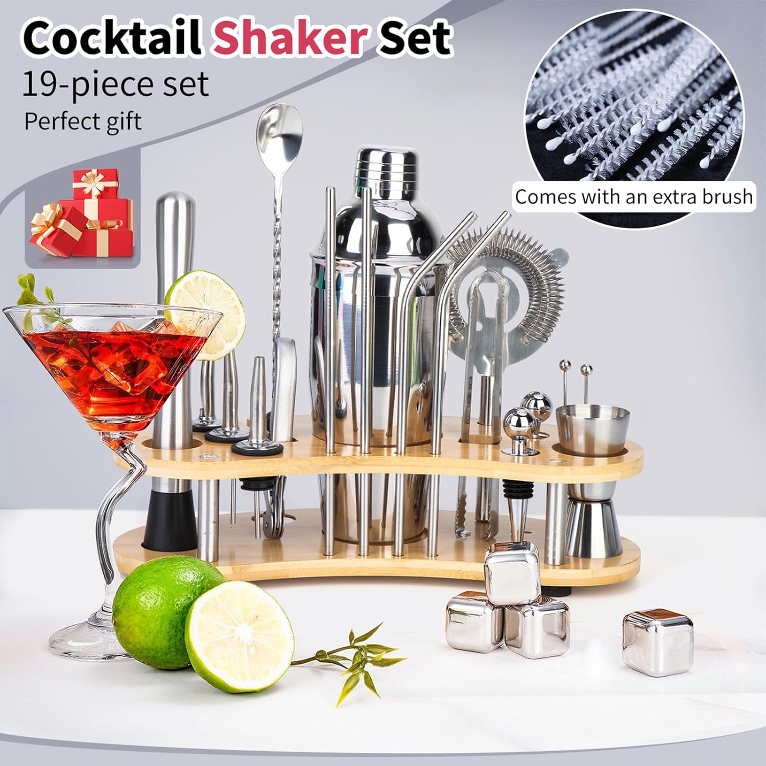 Cocktail Shaker Set,19-Piece Bartender Kit with Stand,Bar Tool Set:Martini Shaker,Jigger,Ice Strainer,Corkscrew,Mixer Spoon,Muddler, Liquor Pourers,For Drink Mixing,Bar,Home,Party (Silver)