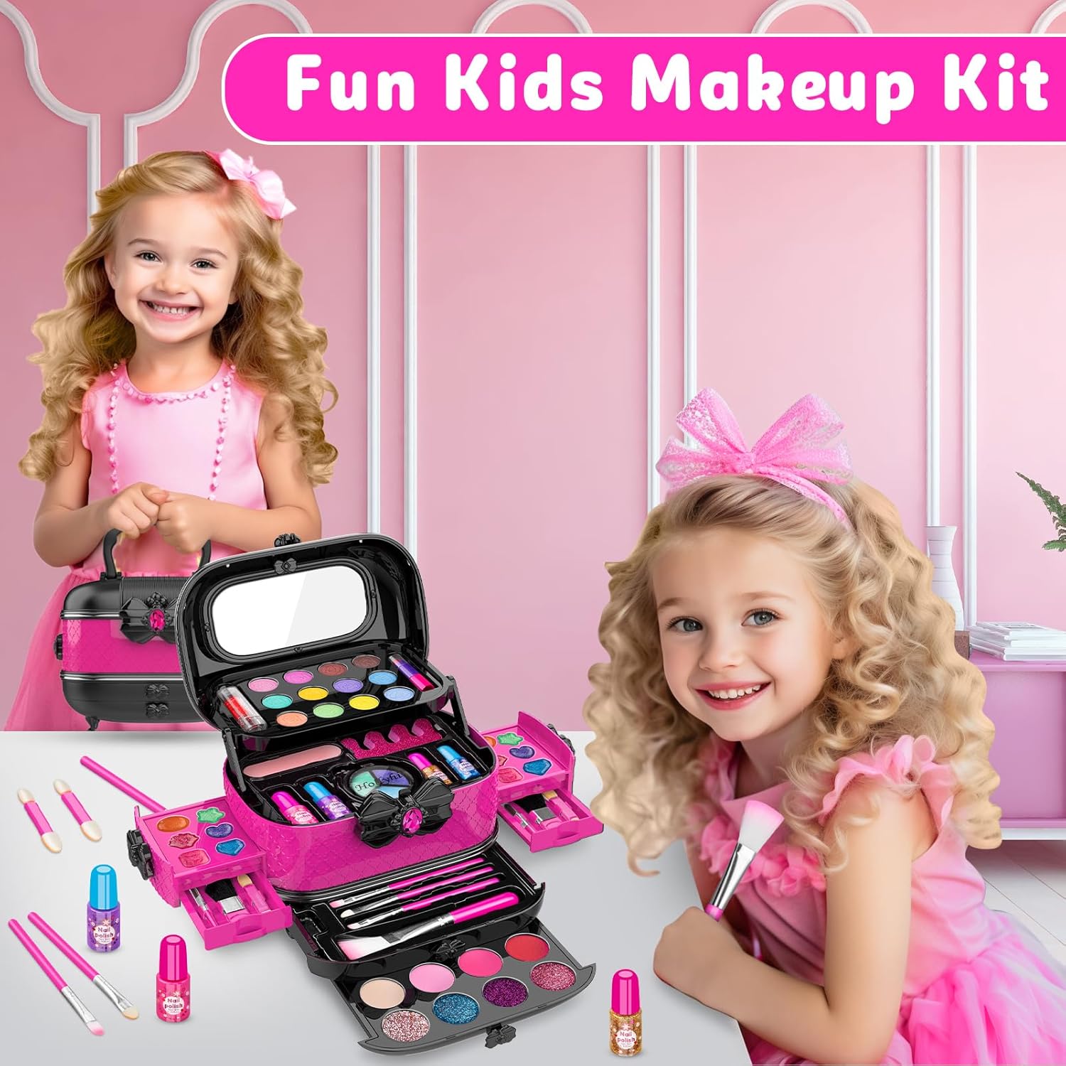 58 Pcs Kids Makeup Kit for Girl, Princess Toys Real Washable Cosmetic Set with Mirror, Kids Makeup Sets for Girls, Play Make up Birthday Gifts for 3 4 5 6 7 8 9 10 11 12 Years Old Kid (Rose)