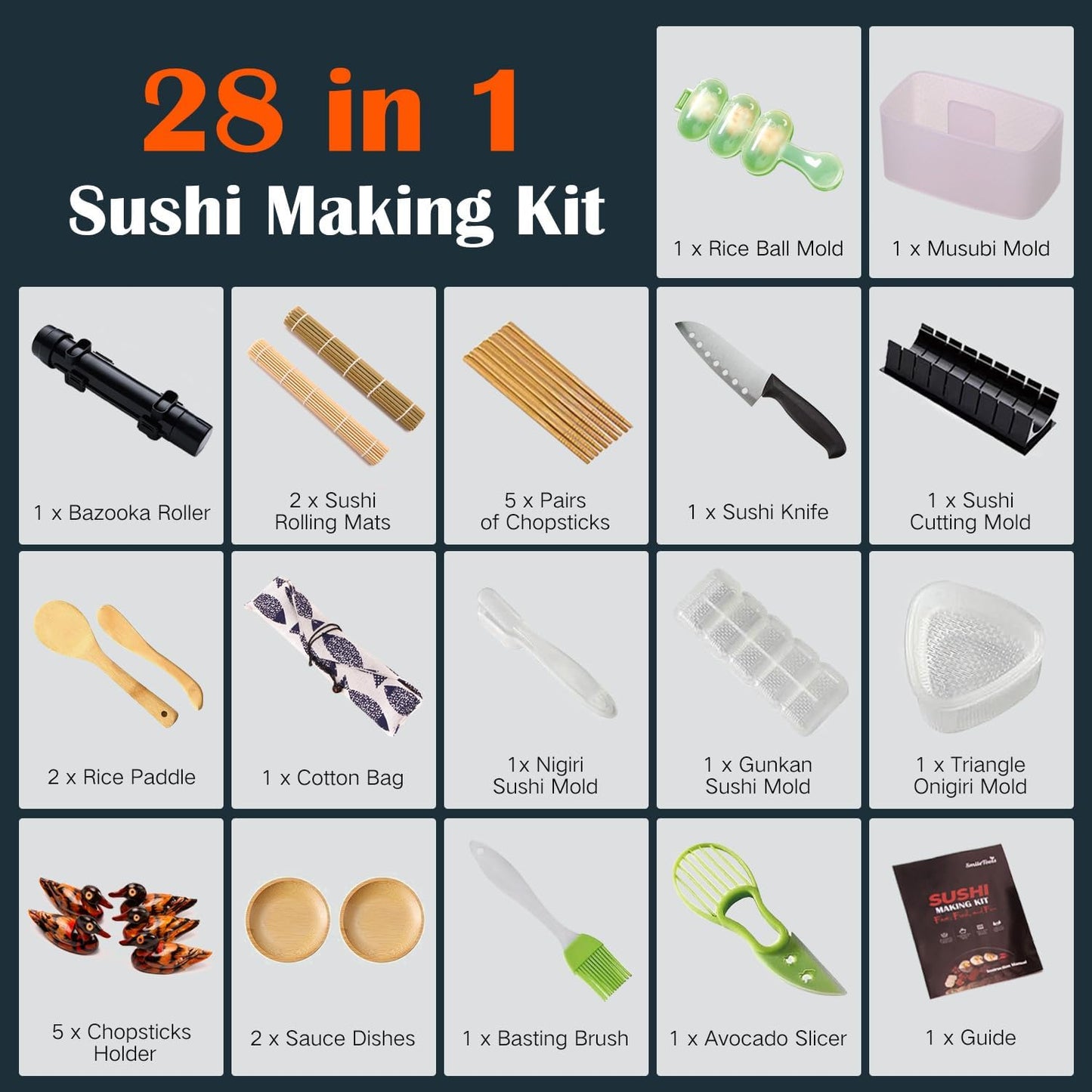 Sushi Making Kit, 28 in 1 [Parent-Child] Sushi Roller Kit with Bamboo Mats, Sushi Bazooka, Nigiri Gunkan Sushi Mold, Musubi Maker, Rice Ball Mold & More