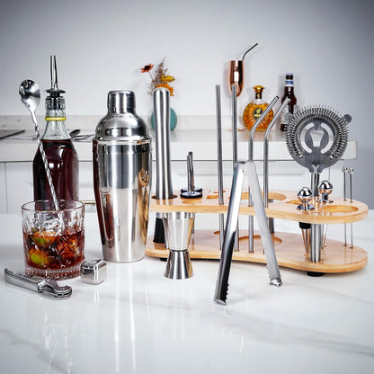 Cocktail Shaker Set,19-Piece Bartender Kit with Stand,Bar Tool Set:Martini Shaker,Jigger,Ice Strainer,Corkscrew,Mixer Spoon,Muddler, Liquor Pourers,For Drink Mixing,Bar,Home,Party (Silver)
