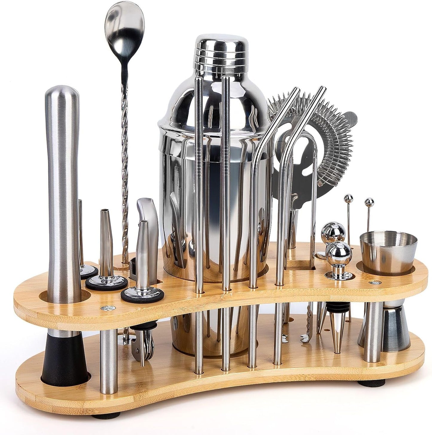 Cocktail Shaker Set,19-Piece Bartender Kit with Stand,Bar Tool Set:Martini Shaker,Jigger,Ice Strainer,Corkscrew,Mixer Spoon,Muddler, Liquor Pourers,For Drink Mixing,Bar,Home,Party (Silver)