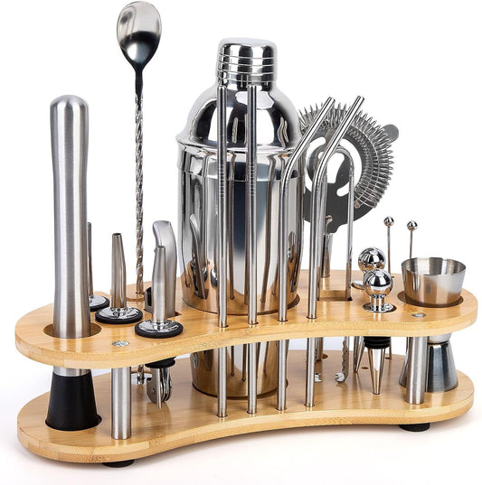 Cocktail Shaker Set,19-Piece Bartender Kit with Stand,Bar Tool Set:Martini Shaker,Jigger,Ice Strainer,Corkscrew,Mixer Spoon,Muddler, Liquor Pourers,For Drink Mixing,Bar,Home,Party (Silver)