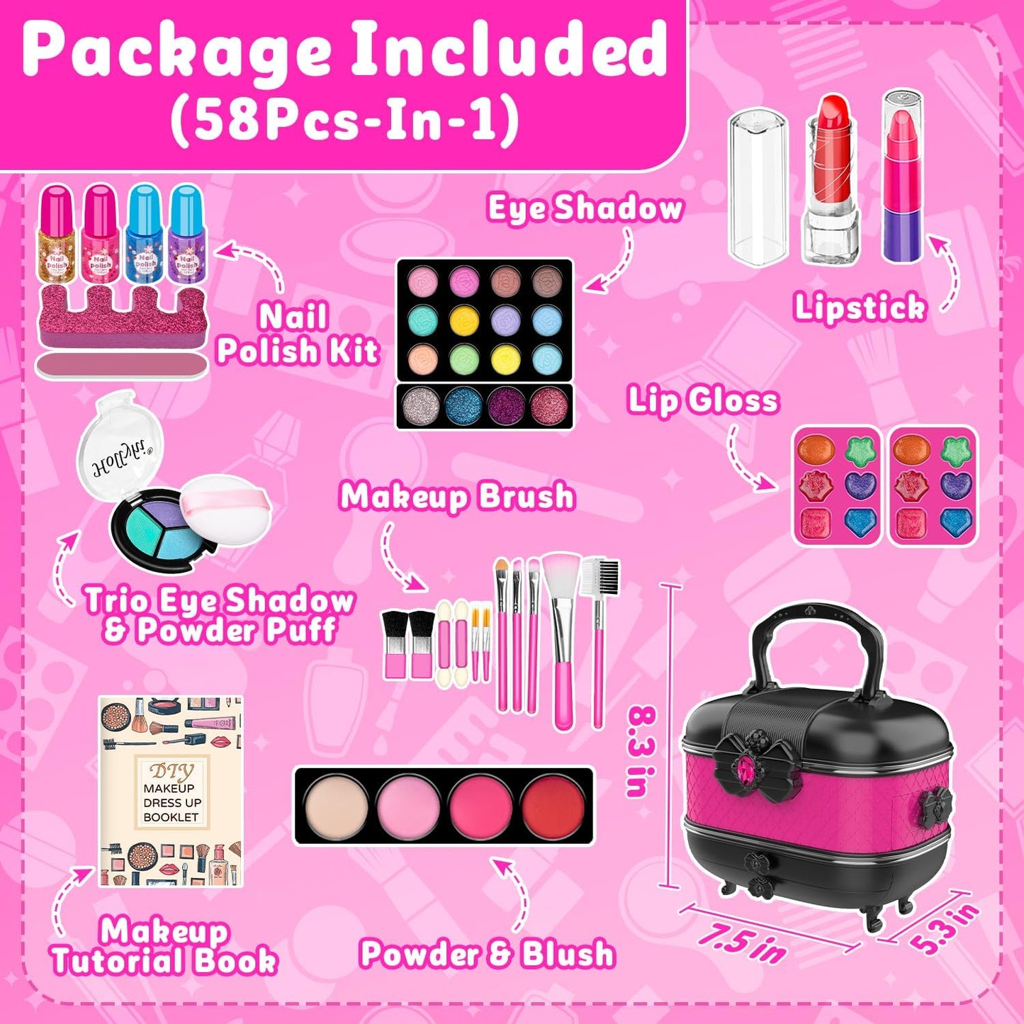 58 Pcs Kids Makeup Kit for Girl, Princess Toys Real Washable Cosmetic Set with Mirror, Kids Makeup Sets for Girls, Play Make up Birthday Gifts for 3 4 5 6 7 8 9 10 11 12 Years Old Kid (Rose)