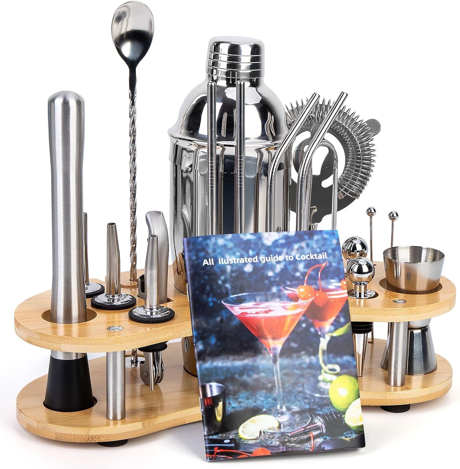 Cocktail Shaker Set,19-Piece Bartender Kit with Stand,Bar Tool Set:Martini Shaker,Jigger,Ice Strainer,Corkscrew,Mixer Spoon,Muddler, Liquor Pourers,For Drink Mixing,Bar,Home,Party (Silver)