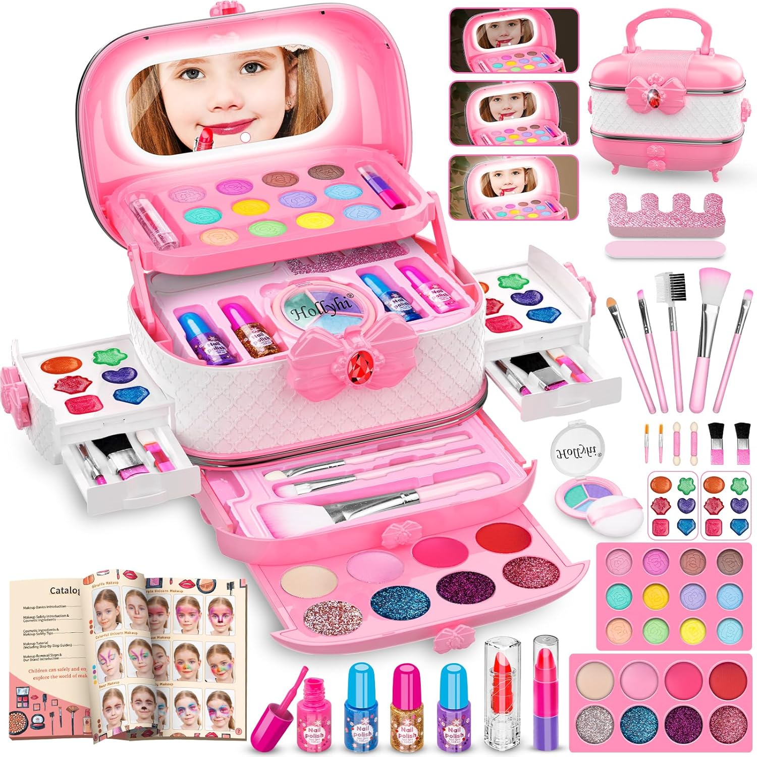 58 Pcs Kids Makeup Kit for Girl, Princess Toys Real Washable Cosmetic Set with Mirror, Kids Makeup Sets for Girls, Play Make up Birthday Gifts for 3 4 5 6 7 8 9 10 11 12 Years Old Kid (Rose)