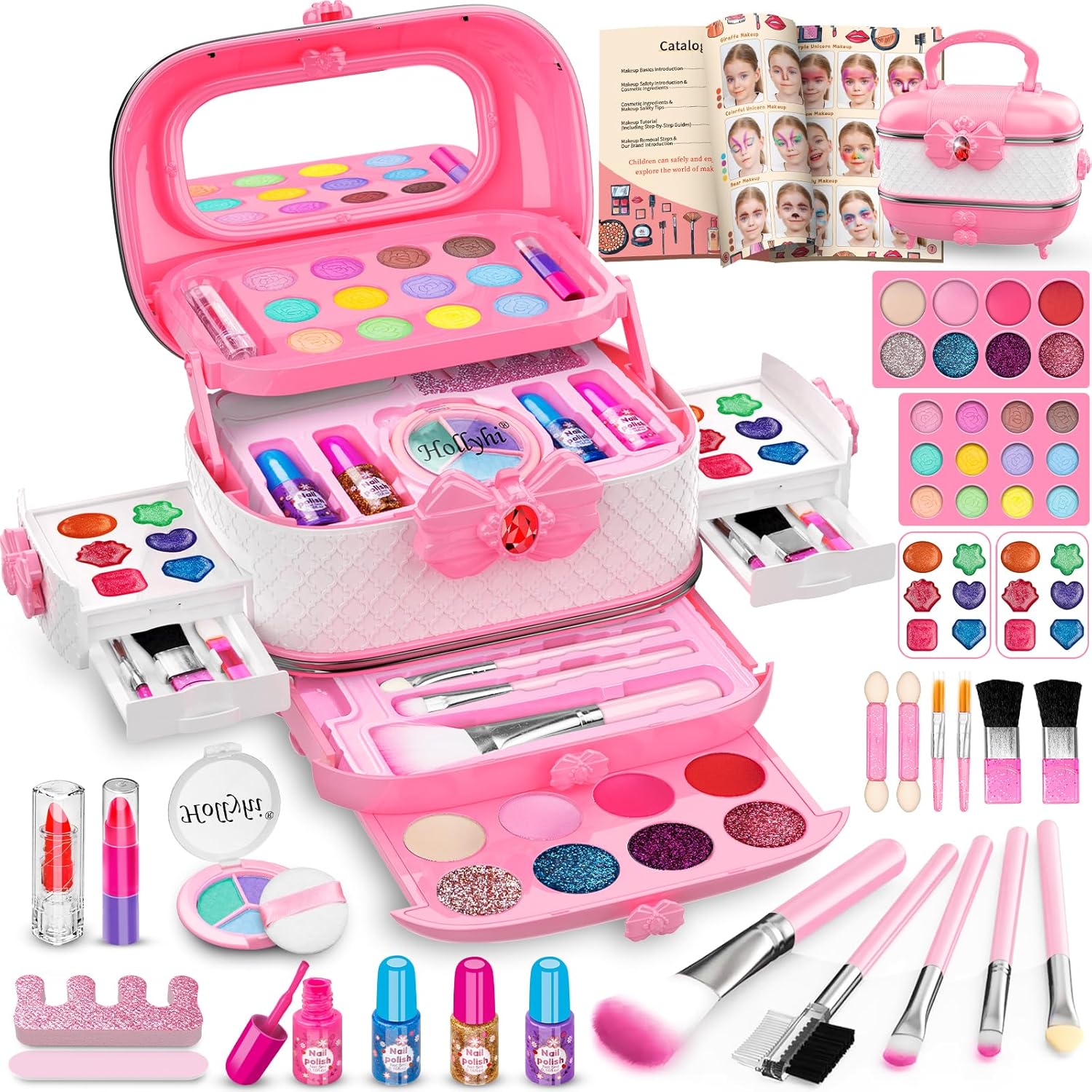 58 Pcs Kids Makeup Kit for Girl, Princess Toys Real Washable Cosmetic Set with Mirror, Kids Makeup Sets for Girls, Play Make up Birthday Gifts for 3 4 5 6 7 8 9 10 11 12 Years Old Kid (Rose)