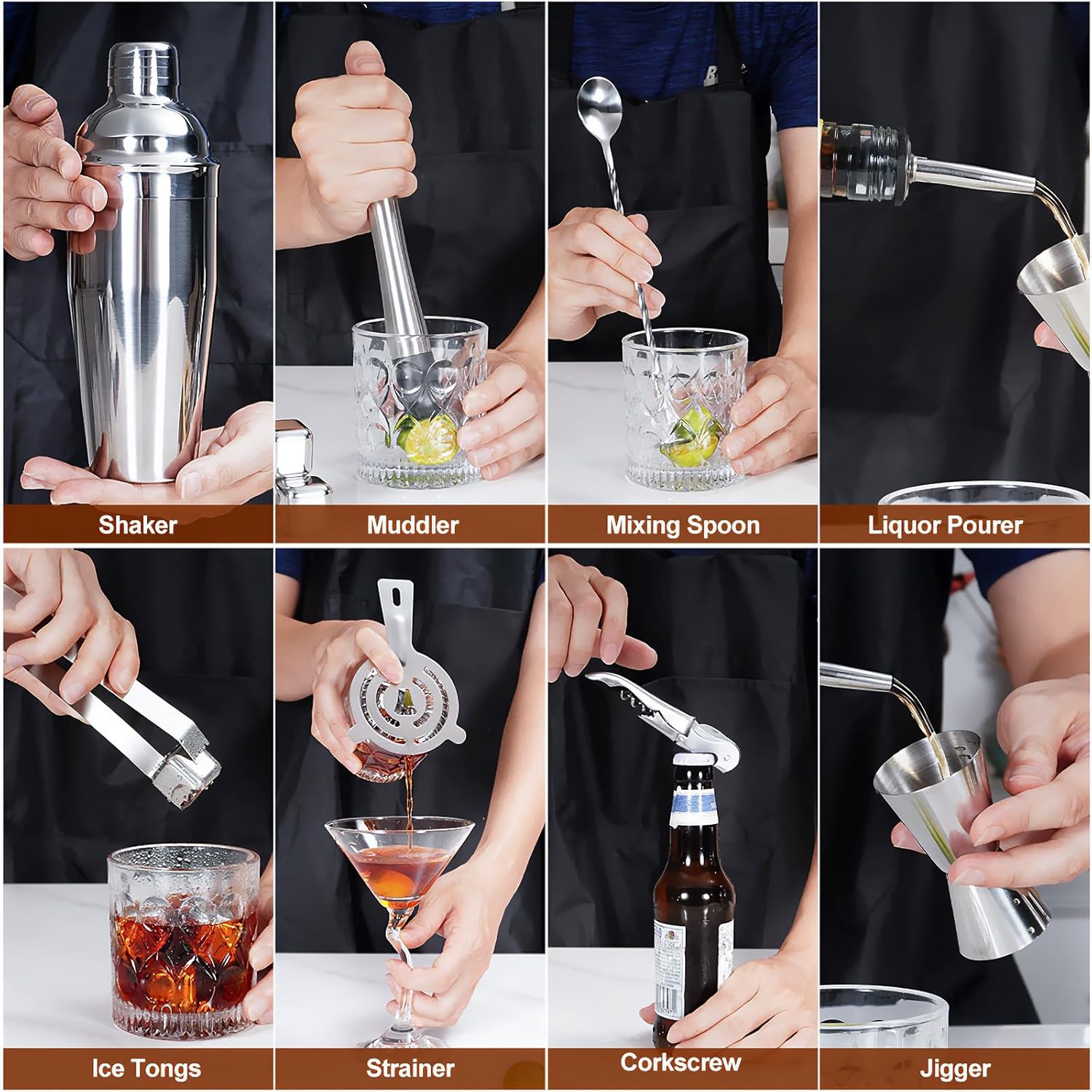 Cocktail Shaker Set,19-Piece Bartender Kit with Stand,Bar Tool Set:Martini Shaker,Jigger,Ice Strainer,Corkscrew,Mixer Spoon,Muddler, Liquor Pourers,For Drink Mixing,Bar,Home,Party (Silver)