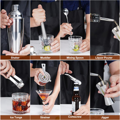 Cocktail Shaker Set,19-Piece Bartender Kit with Stand,Bar Tool Set:Martini Shaker,Jigger,Ice Strainer,Corkscrew,Mixer Spoon,Muddler, Liquor Pourers,For Drink Mixing,Bar,Home,Party (Silver)