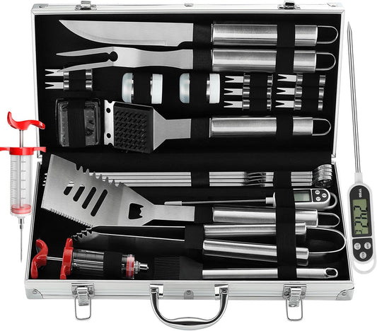 24PCS BBQ Grill Tools Set with Meat Thermometer and Injector - Extra Thick Stainless Steel Fork, Spatula& Tongs - Complete BBQ Accessories in Aluminum Case - Perfect Grill Gifts for Men