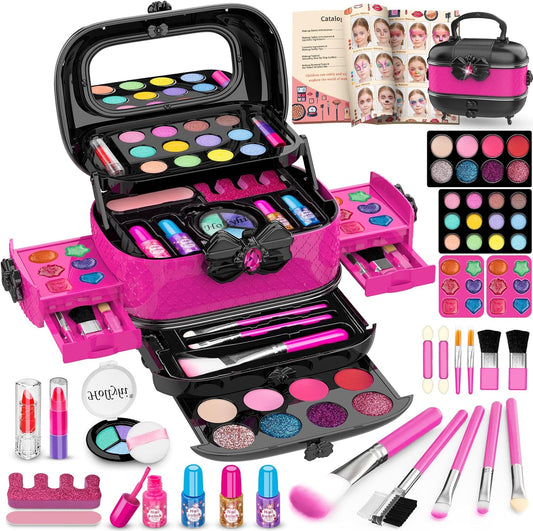 58 Pcs Kids Makeup Kit for Girl, Princess Toys Real Washable Cosmetic Set with Mirror, Kids Makeup Sets for Girls, Play Make up Birthday Gifts for 3 4 5 6 7 8 9 10 11 12 Years Old Kid (Rose)