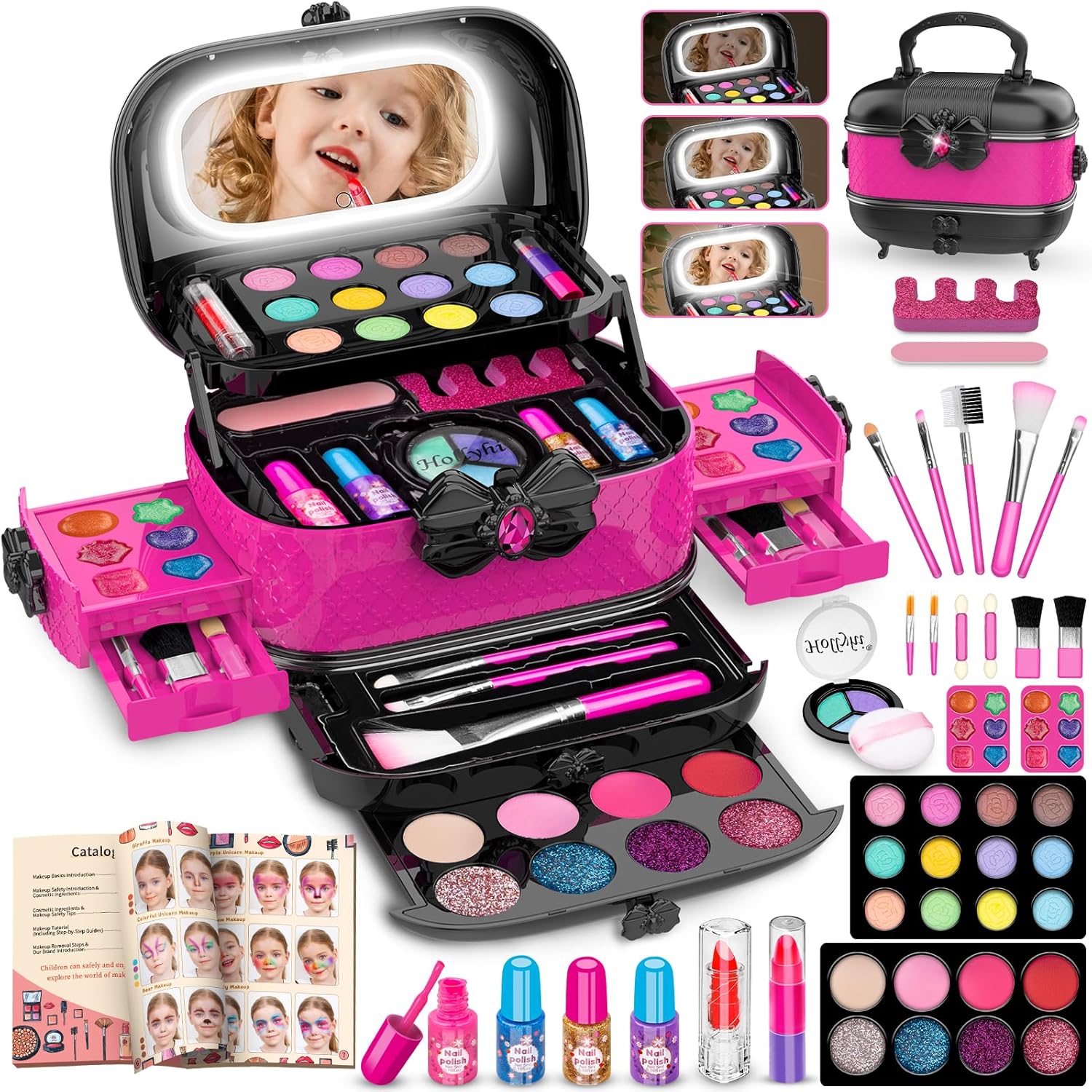 58 Pcs Kids Makeup Kit for Girl, Princess Toys Real Washable Cosmetic Set with Mirror, Kids Makeup Sets for Girls, Play Make up Birthday Gifts for 3 4 5 6 7 8 9 10 11 12 Years Old Kid (Rose)