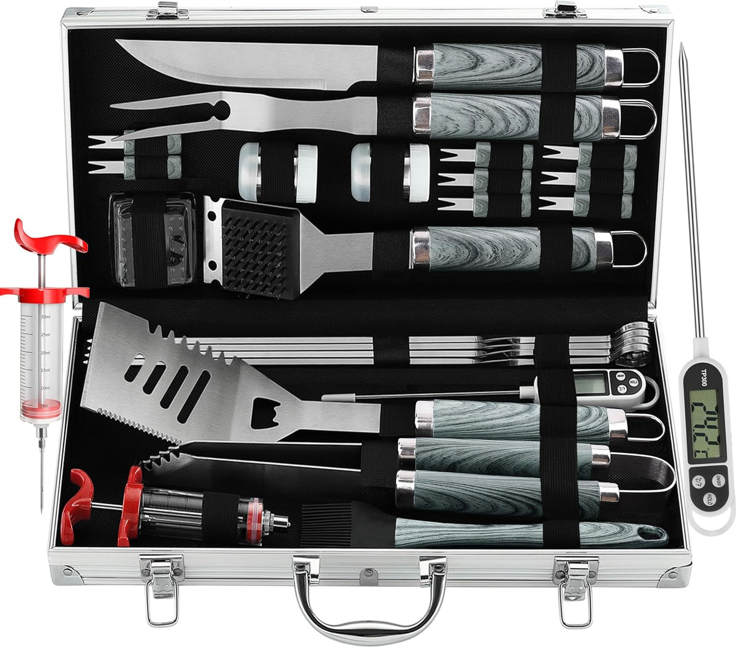 24PCS BBQ Grill Tools Set with Meat Thermometer and Injector - Extra Thick Stainless Steel Fork, Spatula& Tongs - Complete BBQ Accessories in Aluminum Case - Perfect Grill Gifts for Men