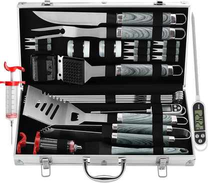 24PCS BBQ Grill Tools Set with Meat Thermometer and Injector - Extra Thick Stainless Steel Fork, Spatula& Tongs - Complete BBQ Accessories in Aluminum Case - Perfect Grill Gifts for Men
