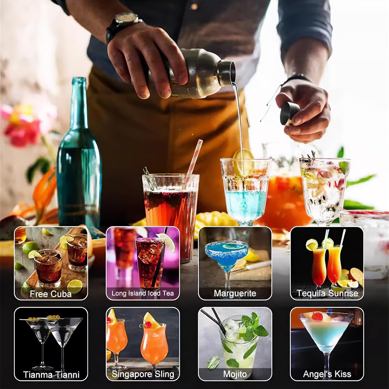 Cocktail Shaker Set,19-Piece Bartender Kit with Stand,Bar Tool Set:Martini Shaker,Jigger,Ice Strainer,Corkscrew,Mixer Spoon,Muddler, Liquor Pourers,For Drink Mixing,Bar,Home,Party (Silver)