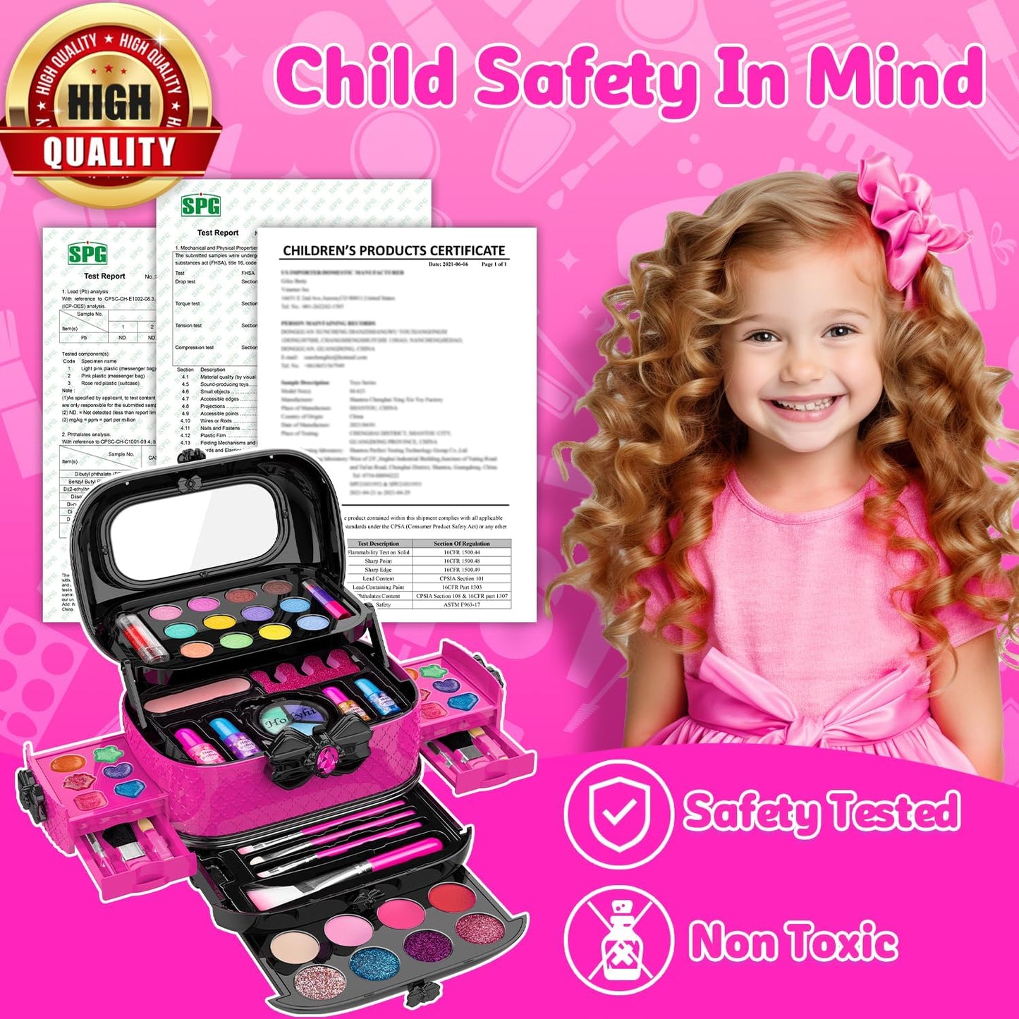 58 Pcs Kids Makeup Kit for Girl, Princess Toys Real Washable Cosmetic Set with Mirror, Kids Makeup Sets for Girls, Play Make up Birthday Gifts for 3 4 5 6 7 8 9 10 11 12 Years Old Kid (Rose)