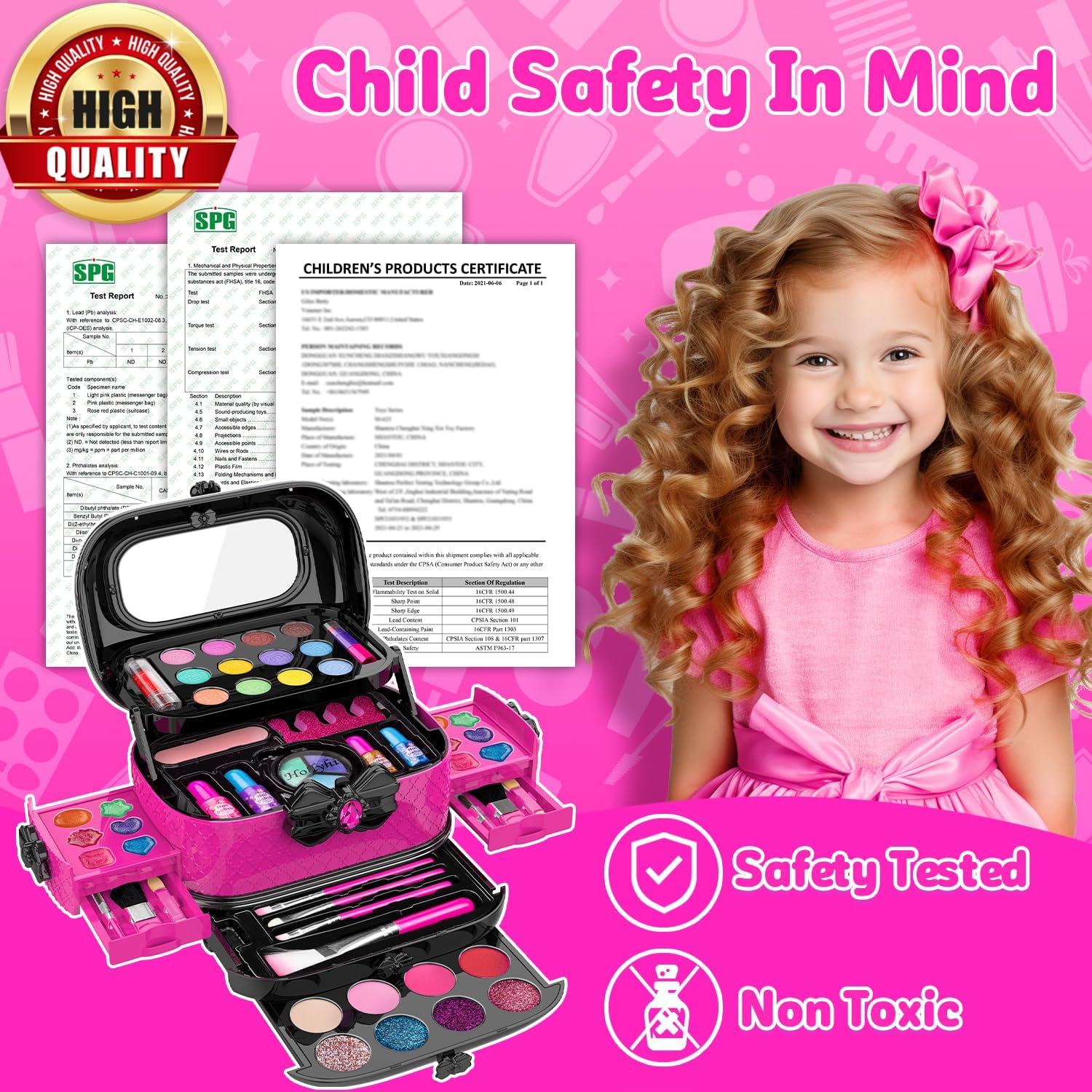58 Pcs Kids Makeup Kit for Girl, Princess Toys Real Washable Cosmetic Set with Mirror, Kids Makeup Sets for Girls, Play Make up Birthday Gifts for 3 4 5 6 7 8 9 10 11 12 Years Old Kid (Rose)