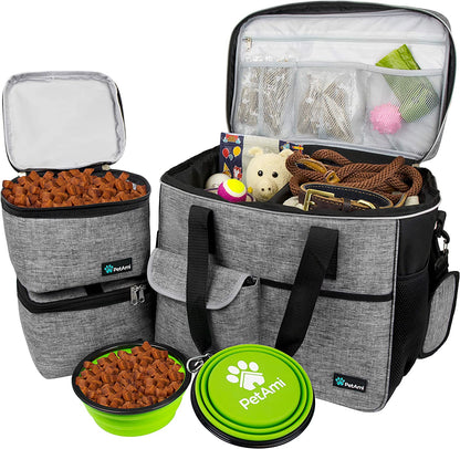 Dog Travel Bag, Travel Pet Bag Organizer, Dog Food Travel Bag with Food Container and Bowls, Dog Travel Supplies Gift Accessories for Weekend Camping, Dog Cat Diaper Bag (Pink, Medium)