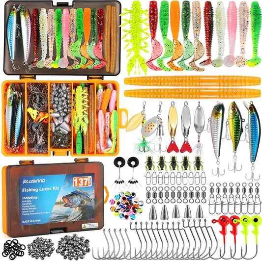 Fishing Lures, 137Pcs Tackle Box with Tackle Included, Crankbaits, Spoon, Hooks, Weights & Other Accessories, Fishing Bait Lure Gear Kit Gift for Men Bass Freshwater