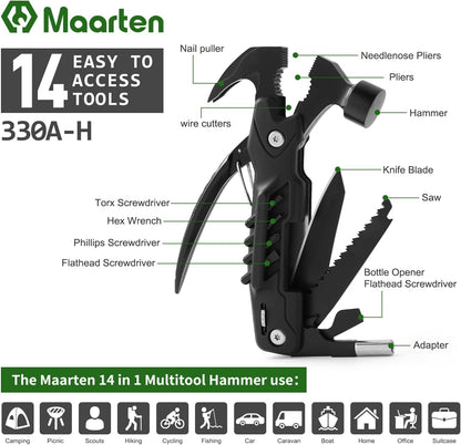 Stocking Stuffers for Adults Men - Gifts for Dad from Daughter Son - Upgraded 14 in 1 Hammer Multitool with Safety Lock, Screwdriver Set and Durable Sheath - Ideal Birthday Gift for Father