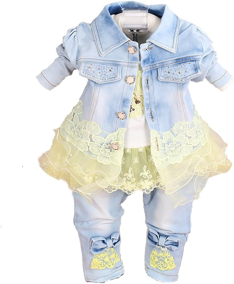 Baby Girls Denim Clothing Sets 3 Pieces Sets T Shirt Denim Jacket and Jeans