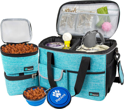 Dog Travel Bag, Travel Pet Bag Organizer, Dog Food Travel Bag with Food Container and Bowls, Dog Travel Supplies Gift Accessories for Weekend Camping, Dog Cat Diaper Bag (Pink, Medium)