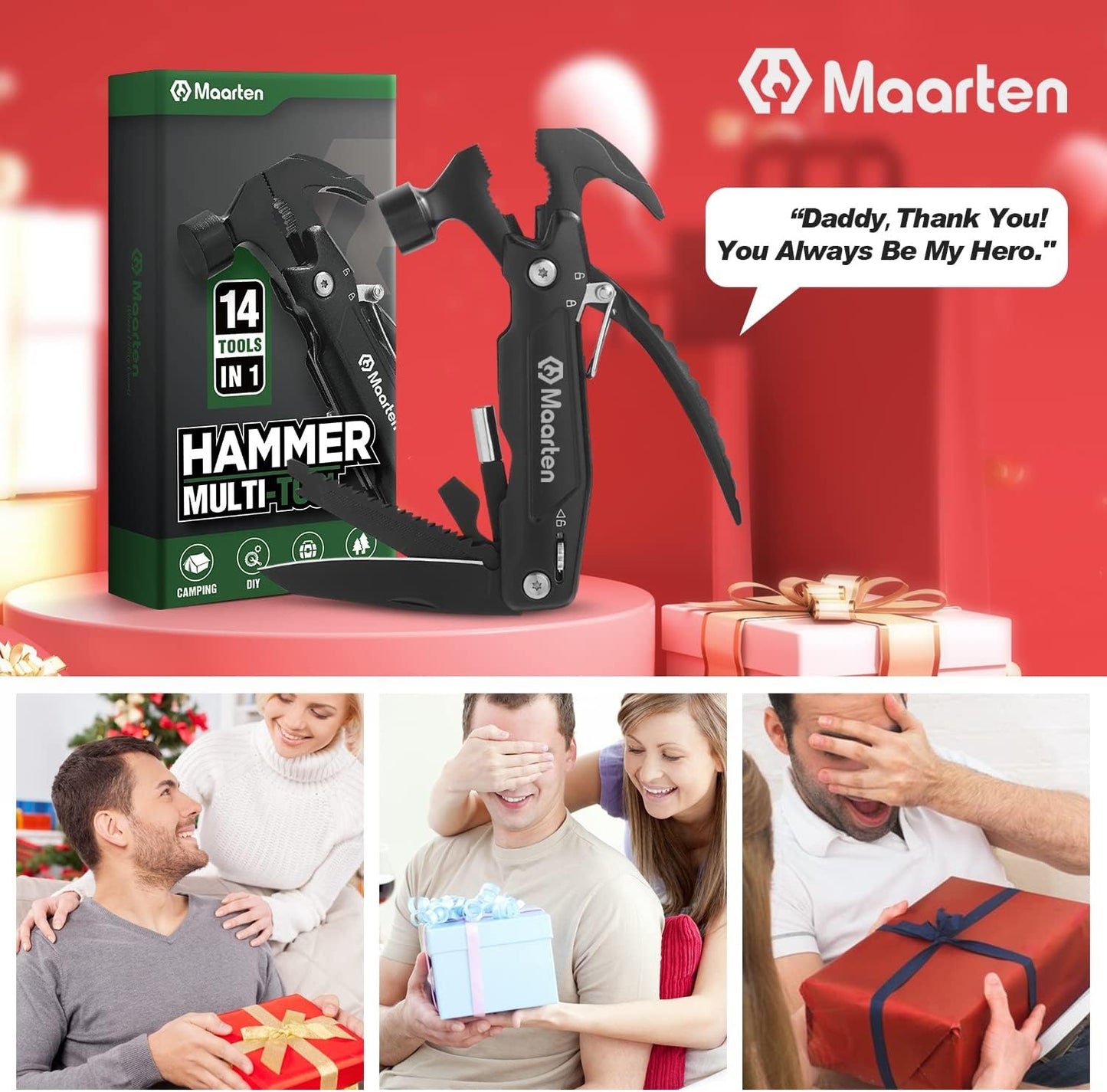 Stocking Stuffers for Adults Men - Gifts for Dad from Daughter Son - Upgraded 14 in 1 Hammer Multitool with Safety Lock, Screwdriver Set and Durable Sheath - Ideal Birthday Gift for Father