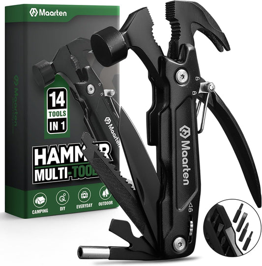 Stocking Stuffers for Adults Men - Gifts for Dad from Daughter Son - Upgraded 14 in 1 Hammer Multitool with Safety Lock, Screwdriver Set and Durable Sheath - Ideal Birthday Gift for Father